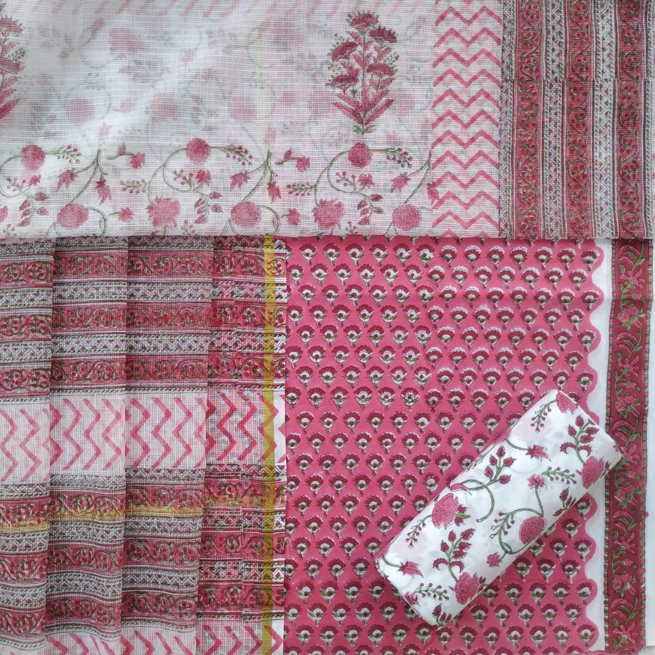 Shop Unstitched Hand Block Print Pure Cotton Suits with Kota Doria Dupatta (3CKD168)