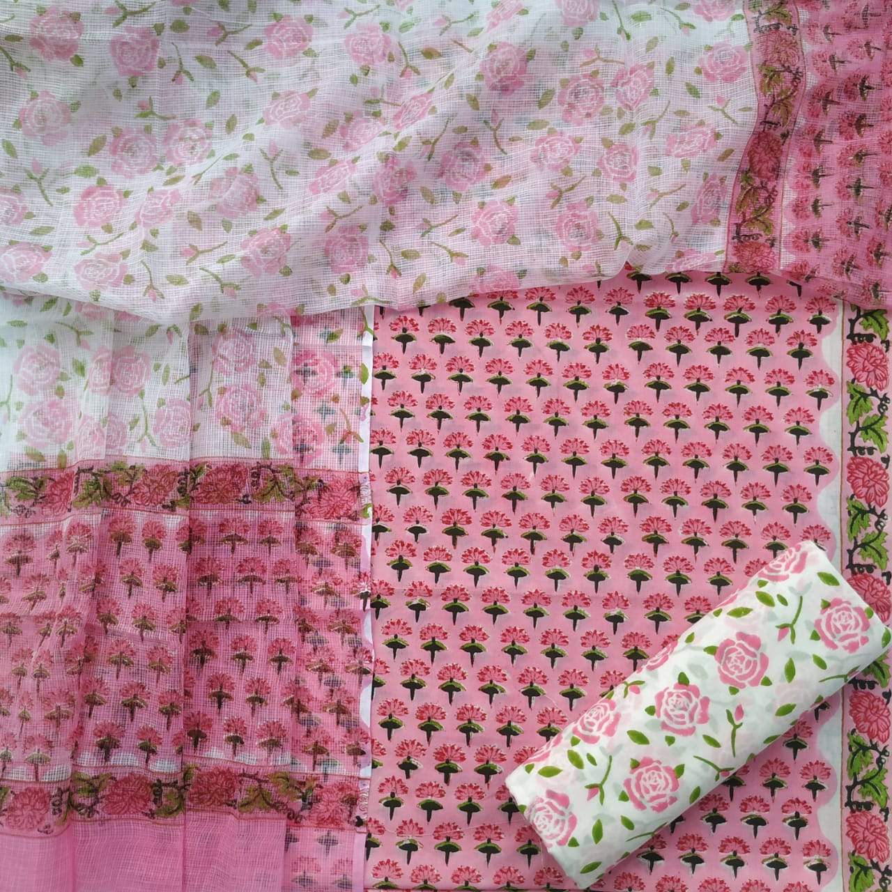 Shop Unstitched Hand Block Print Pure Cotton Suit with Kota Doria Dupatta (3CKD176)