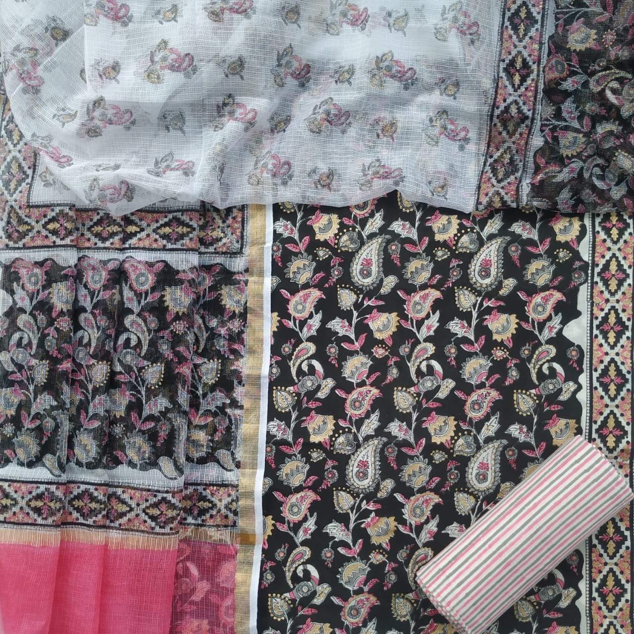 Shop Unstitched Hand Block Print Pure Cotton Suits with Kota Doria Dupatta (3CKD177)