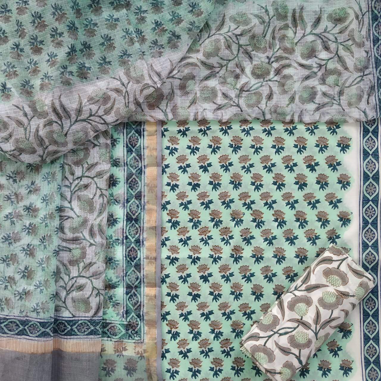 Shop Unstitched Hand Block Print Pure Cotton Suits with Kota Doria Dupatta (3CKD178)