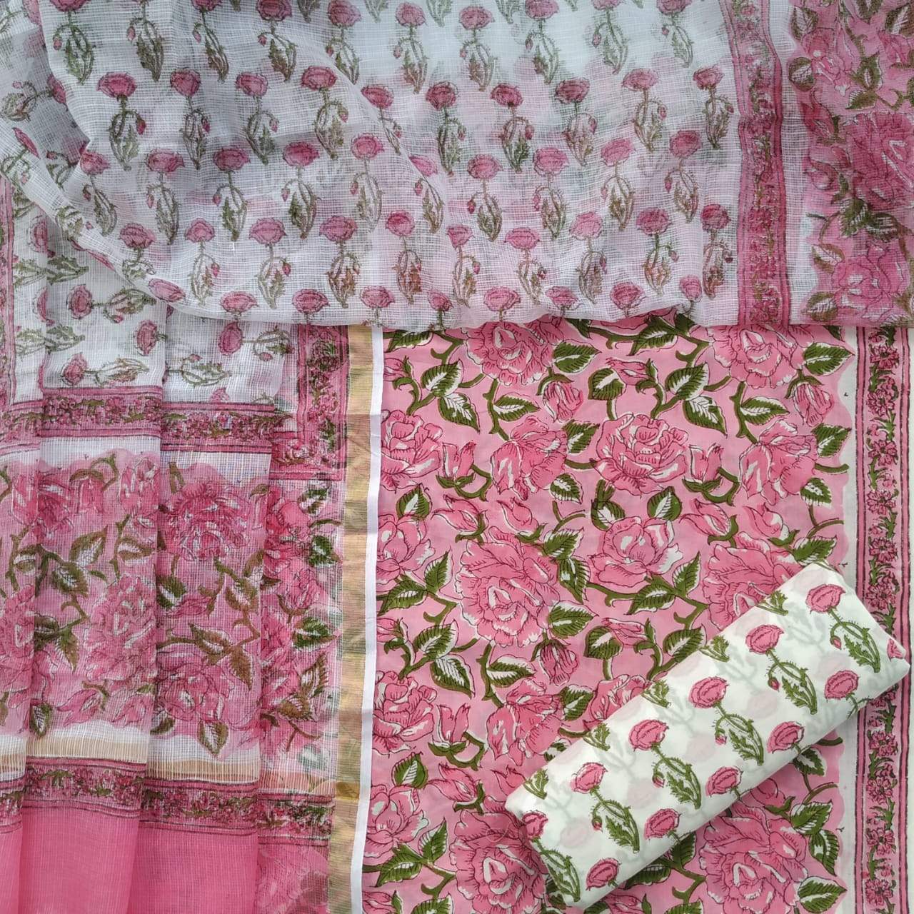 Shop Unstitched Hand Block Print Pure Cotton Suits with Kota Doria Dupatta (3CKD179)