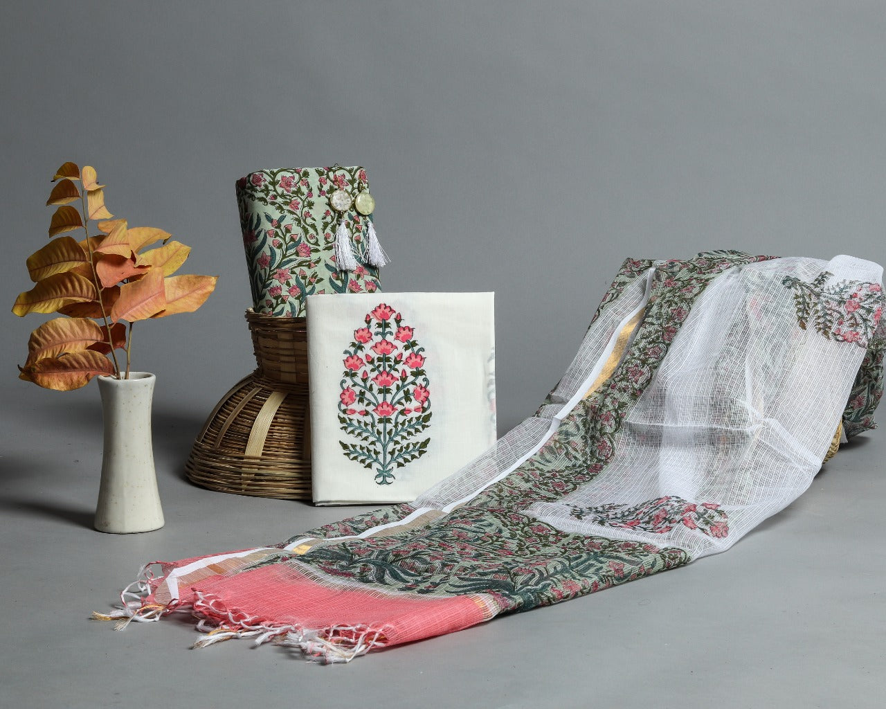 Shop Unstitched Hand Block Print Pure Cotton Suits with Kota Doria Dupatta (3CKD180)