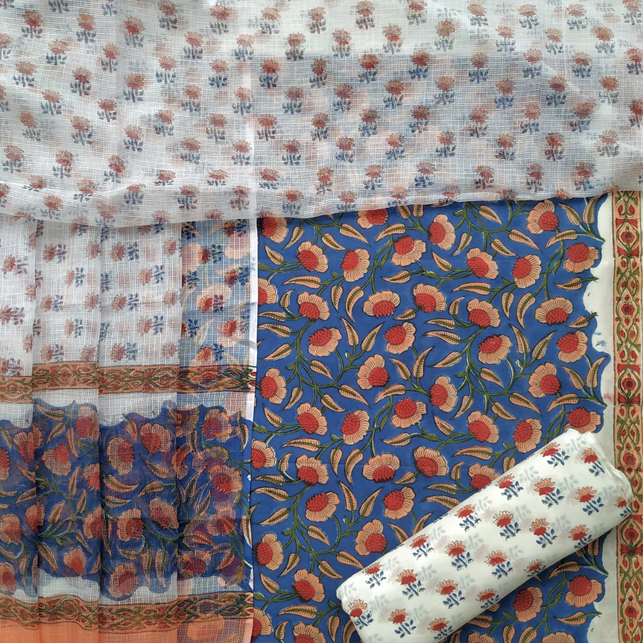 Shop Unstitched Pure Cotton Suits with Kota Doria Dupatta (3CKD189)