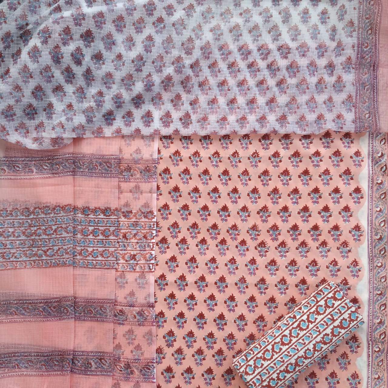 Shop Unstitched Hand Block Print Pure Cotton Suits with Kota Doria Dupatta(3CKD196)