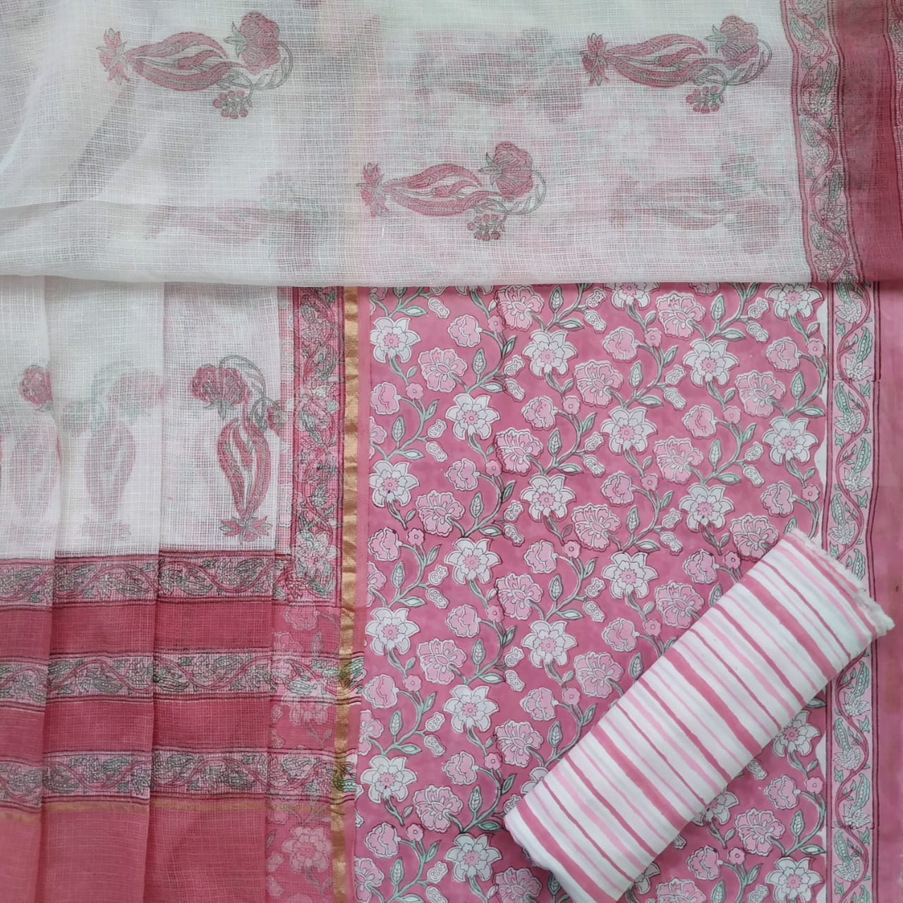 Shop Unstitched Pure Cotton Suit Material with Kota Doria Dupatta (3CKD218)