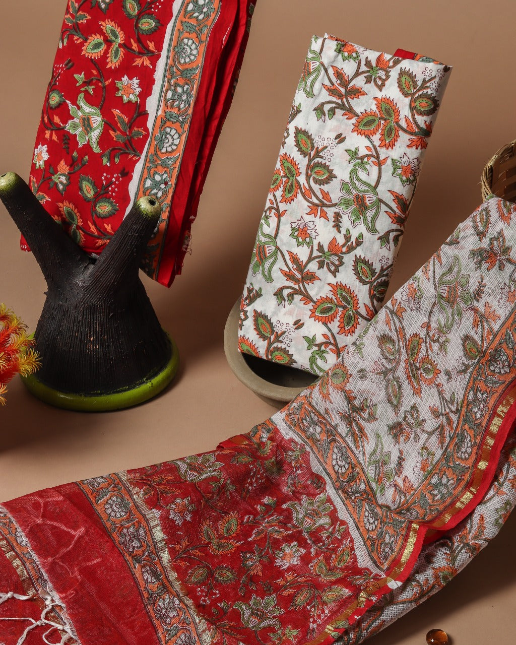 Exclusive Hand Block Floral Jaal Printed Pure Cotton Suit with Kota Doria Dupatta (3CKD263