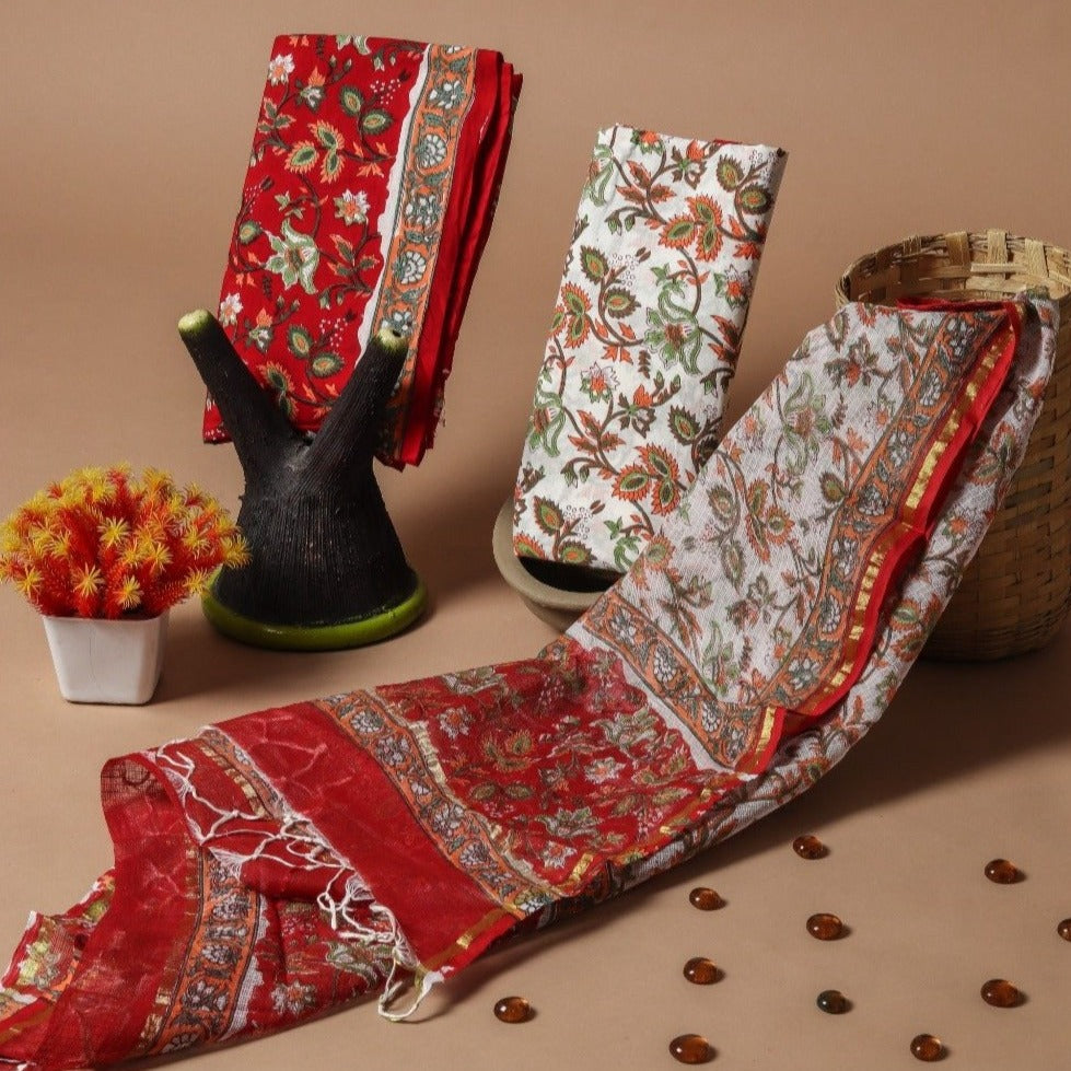 Exclusive Hand Block Floral Jaal Printed Pure Cotton Suit with Kota Doria Dupatta (3CKD263