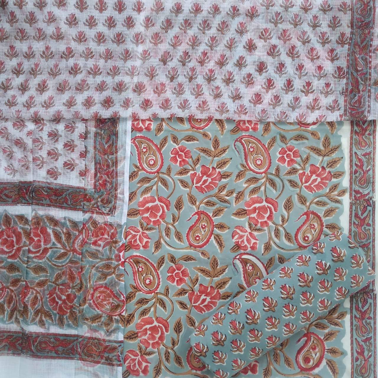 Shop Unstitched Hand Block Print Pure Cotton Suits with Kota Doria Dupatta (3CKD268)