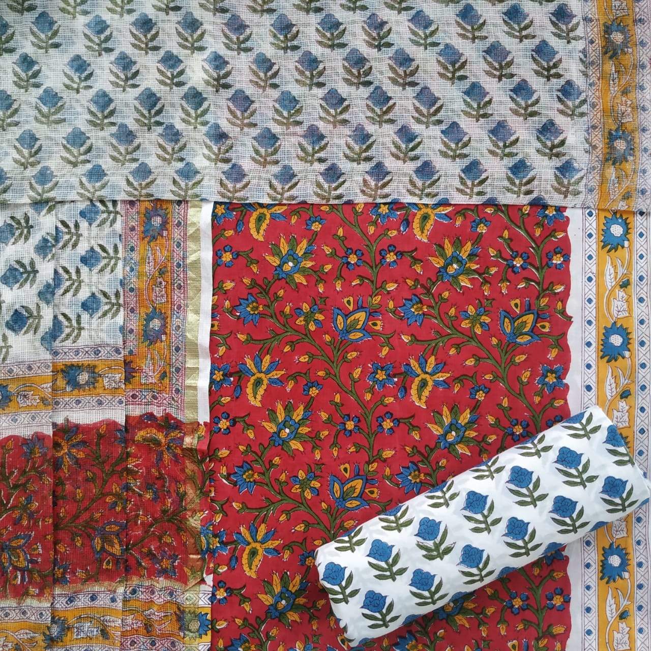 Shop Unstitched Pure Cotton Suits with Kota Doria Dupatta (3CKD270)