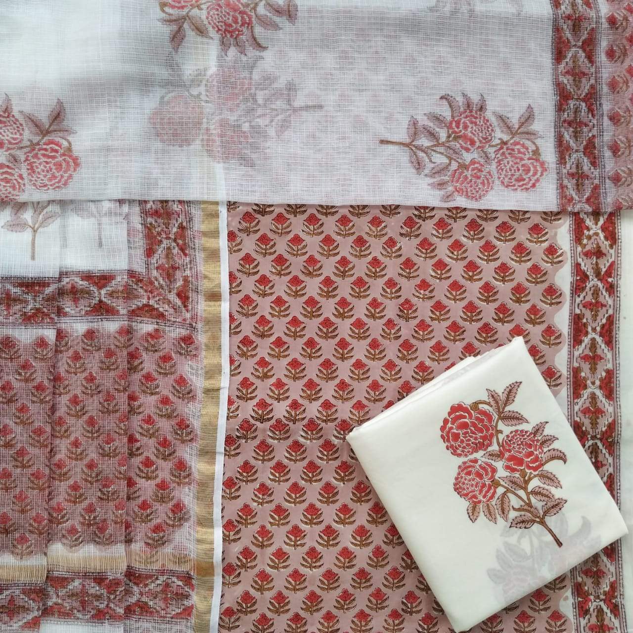 Shop Unstitched Pure Cotton Suit Material with Kota Doria Dupatta (3CKD279)