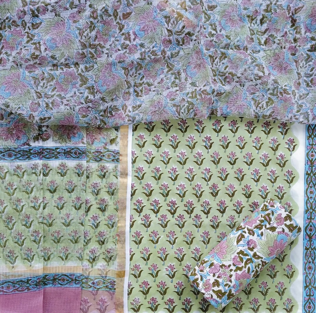 Shop Block Print Pure Cotton Suit Material with Kota Doria Dupatta (3CKD311)