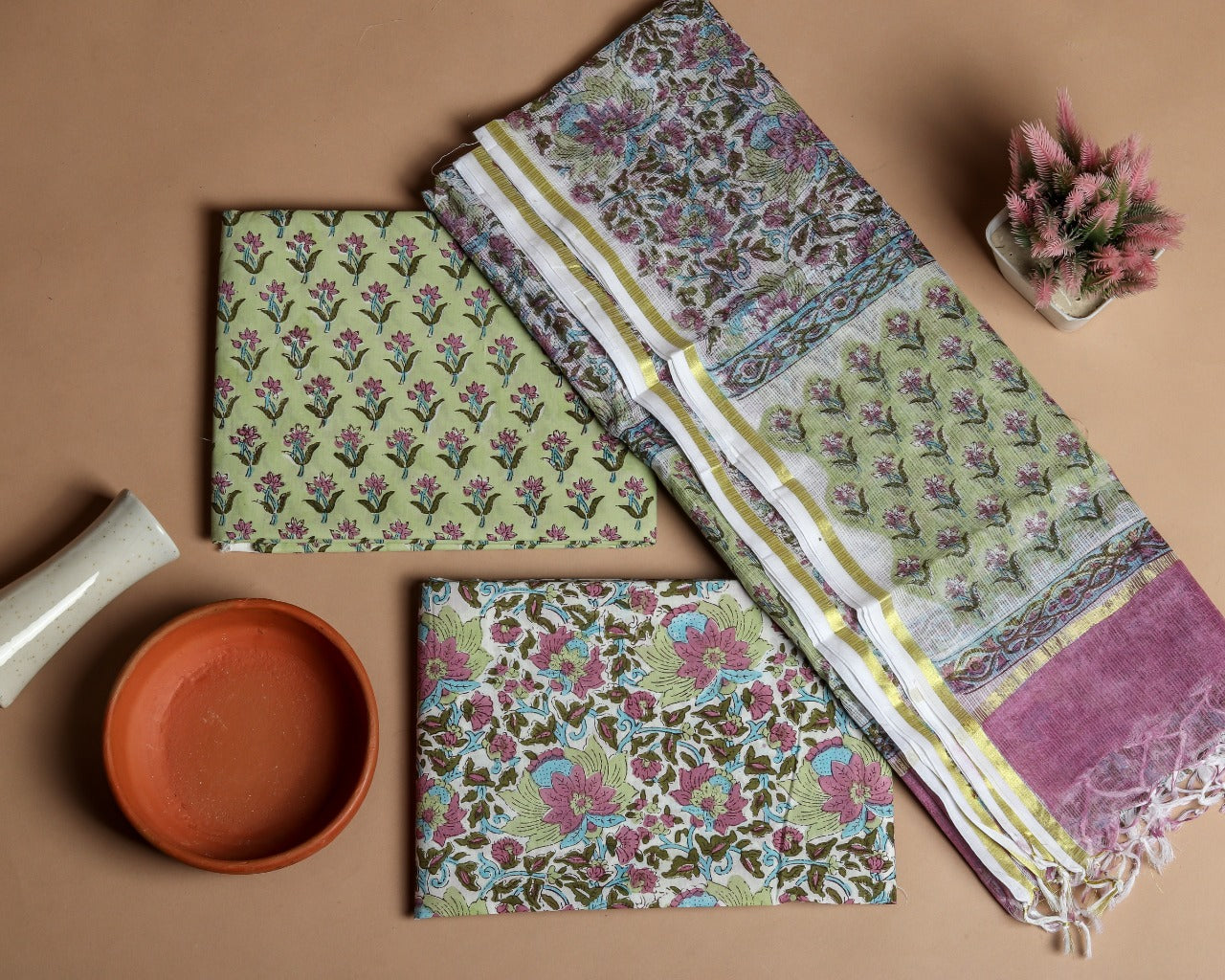 Shop Block Print Pure Cotton Suit Material with Kota Doria Dupatta (3CKD311)