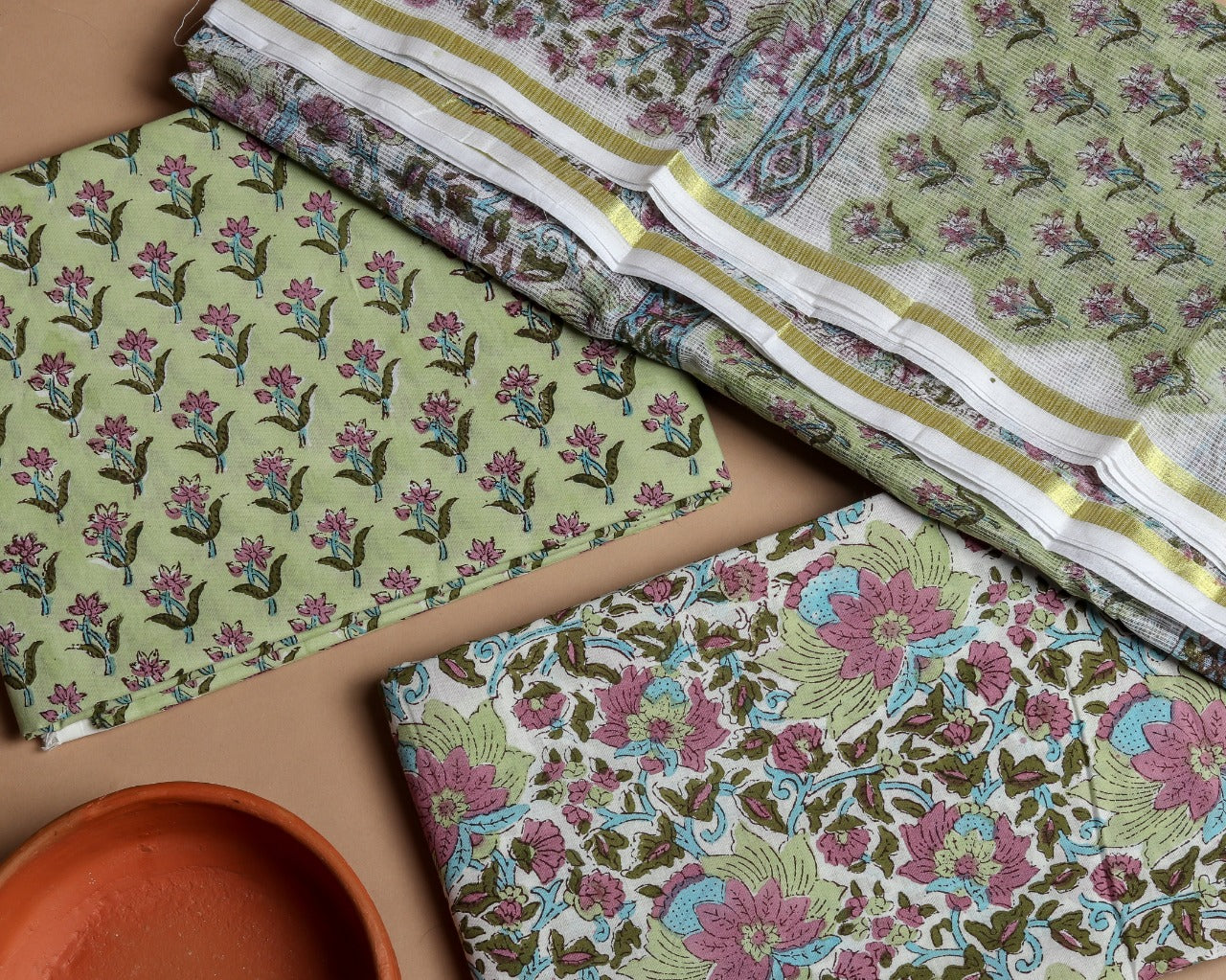 Shop Block Print Pure Cotton Suit Material with Kota Doria Dupatta (3CKD311)