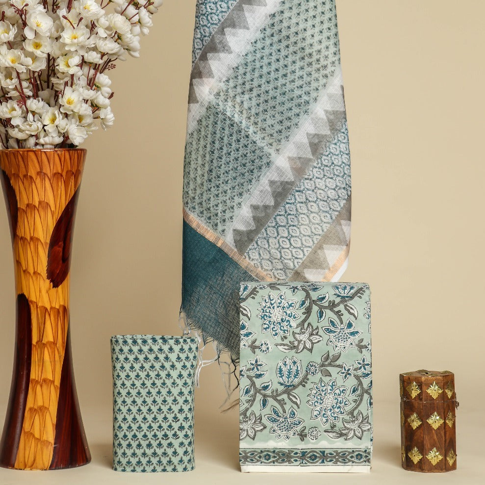 Shop Unstitched Pure Cotton Suit Material with Kota Doria Dupatta (3CKD327)