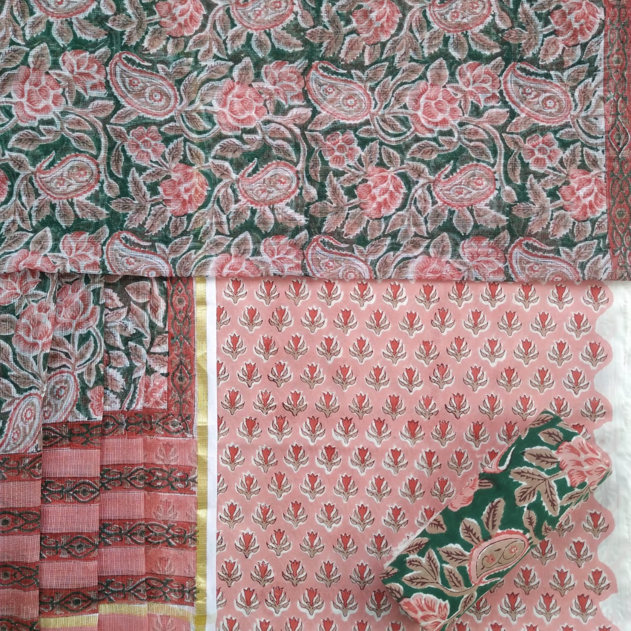 Shop Unstitched Block Print Pure Cotton Suit Material with Kota Doria Dupatta (3CKD335)