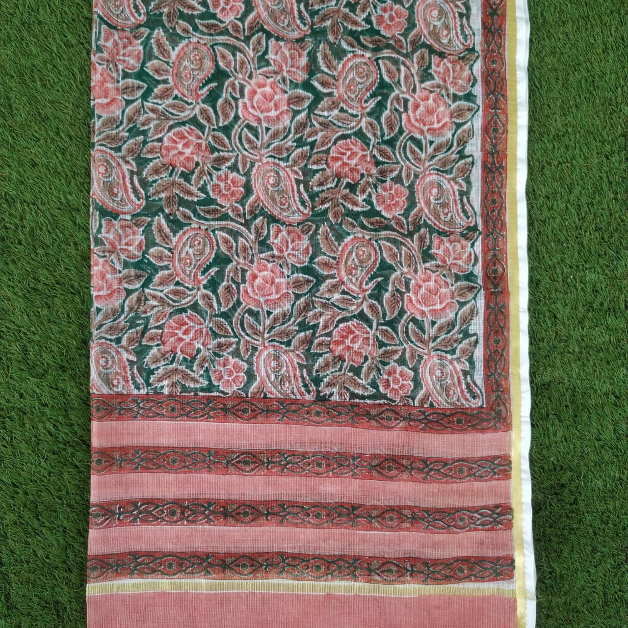 Shop Unstitched Block Print Pure Cotton Suit Material with Kota Doria Dupatta (3CKD335)