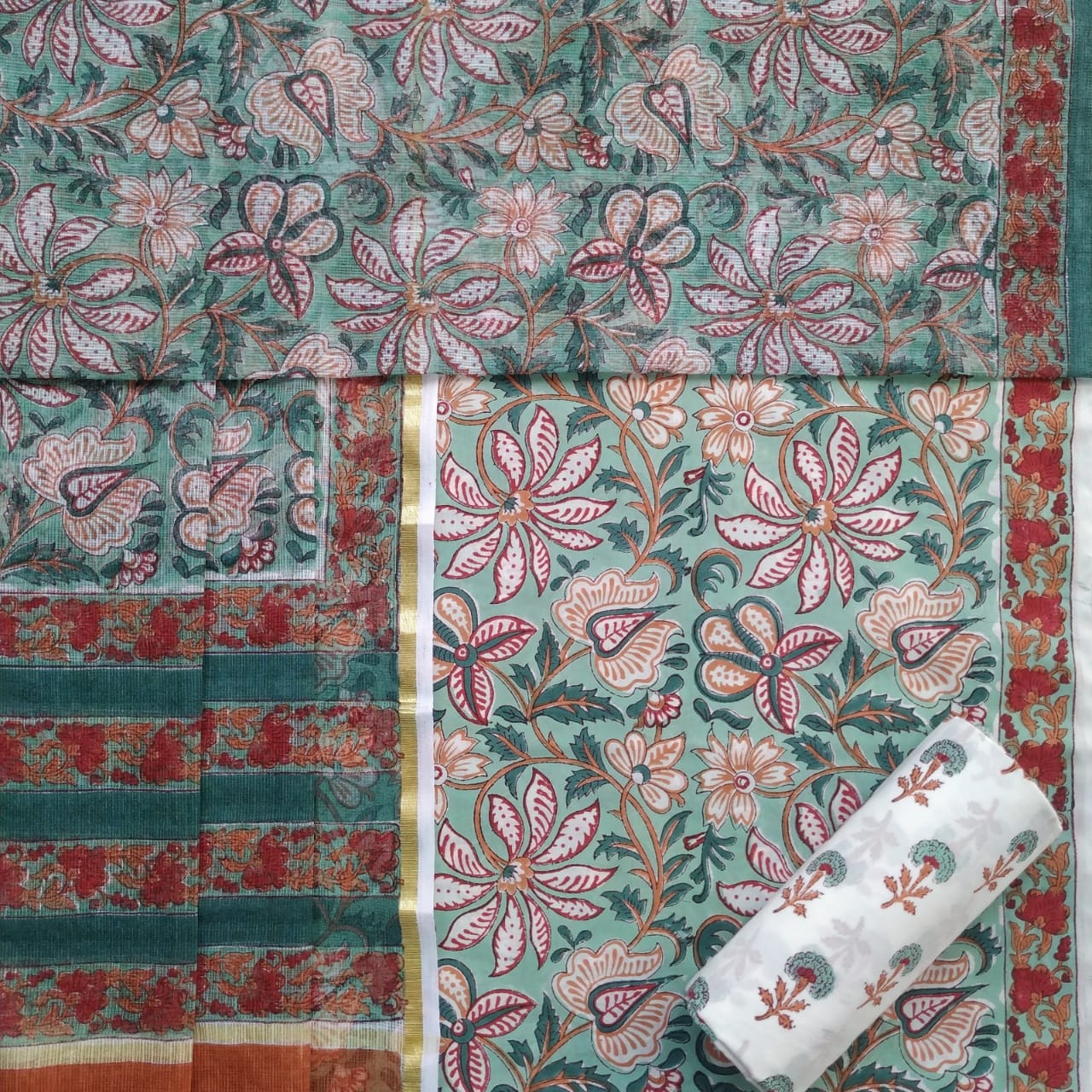 Shop Unstitched Hand Block Print Pure Cotton Suit Material with Kota Doria Dupatta (3CKD337