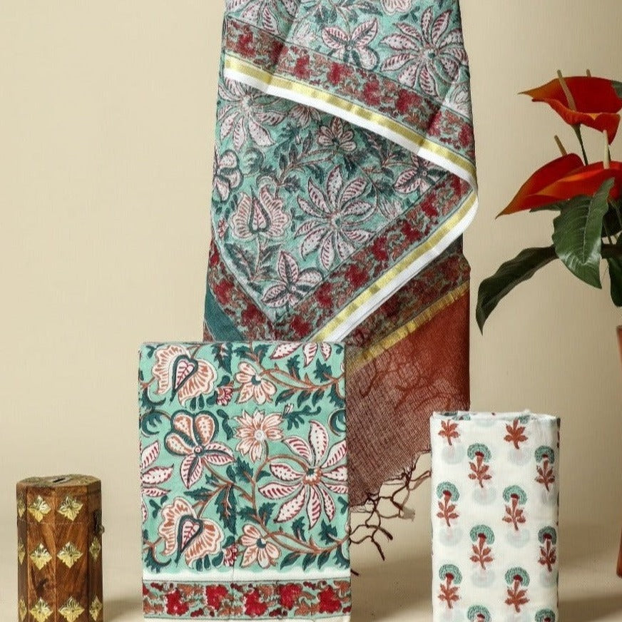 Shop Unstitched Hand Block Print Pure Cotton Suit Material with Kota Doria Dupatta (3CKD337
