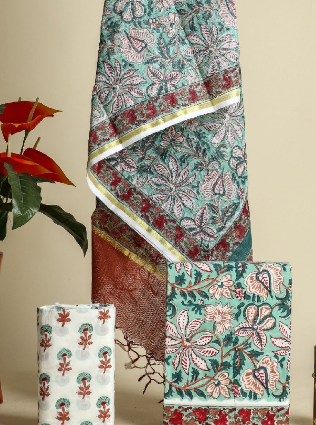 Shop Unstitched Hand Block Print Pure Cotton Suit Material with Kota Doria Dupatta (3CKD337