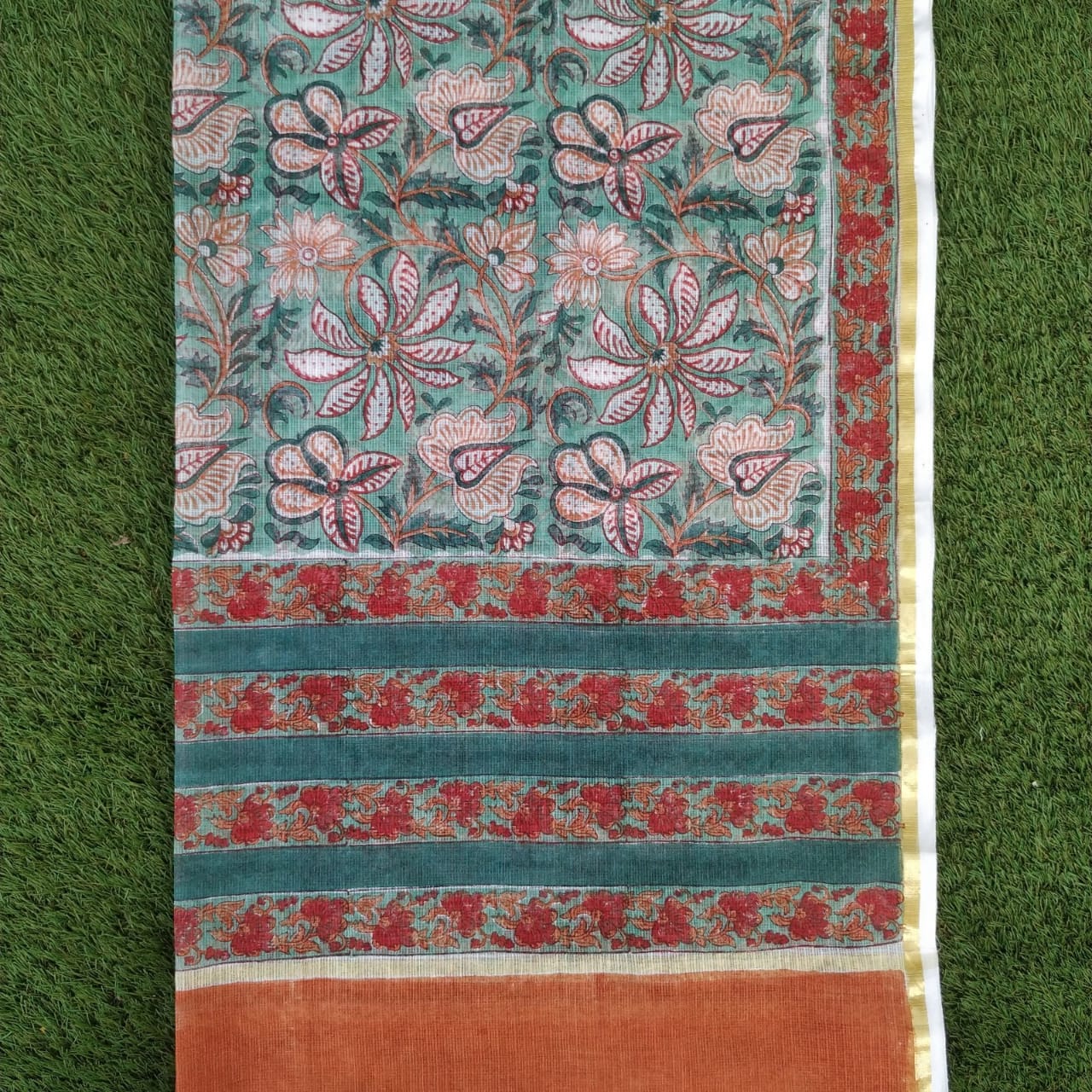 Shop Unstitched Hand Block Print Pure Cotton Suit Material with Kota Doria Dupatta (3CKD337