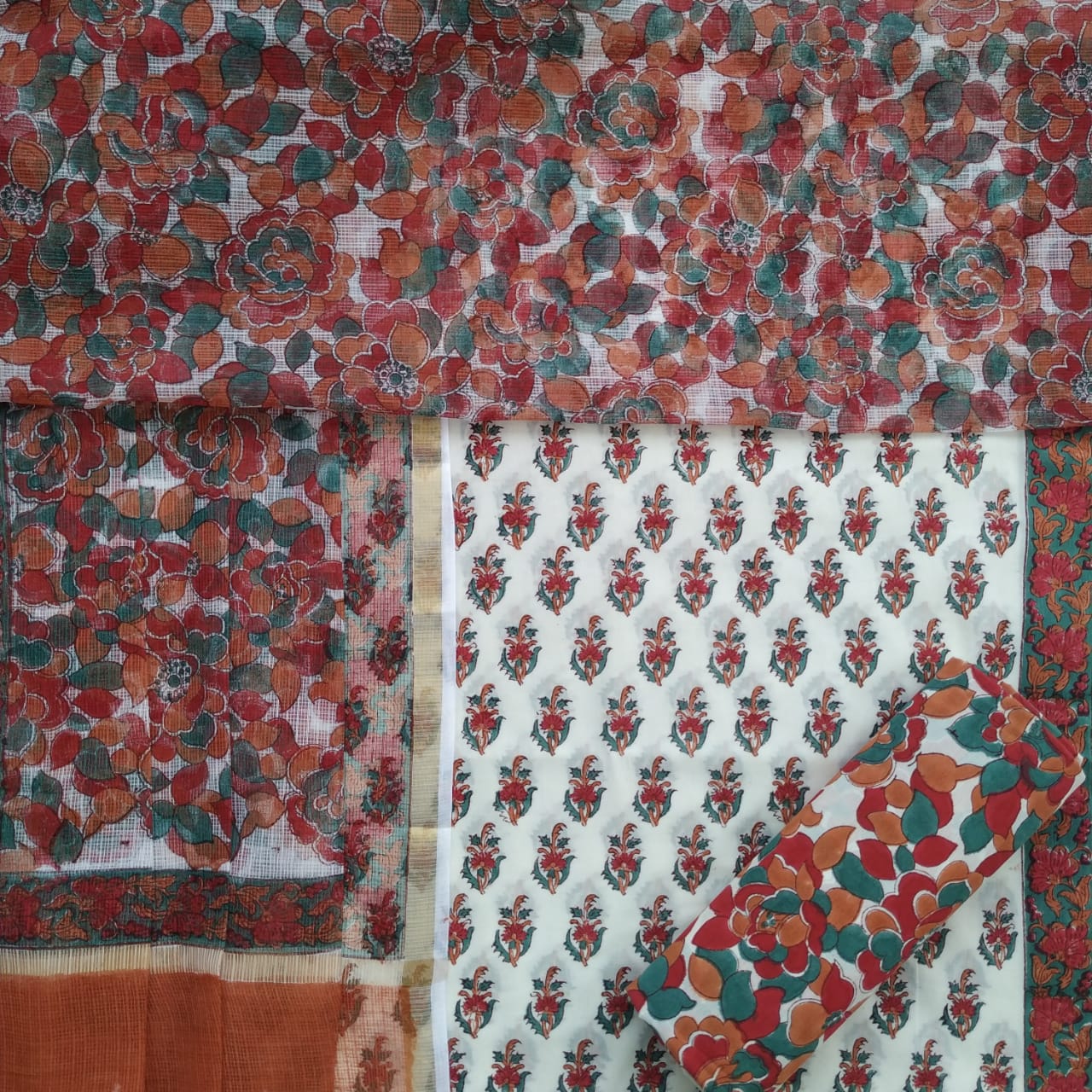 Shop Unstitched Hand Block Print Pure Cotton Suit Material with Kota Doria Dupatta (3CKD339)