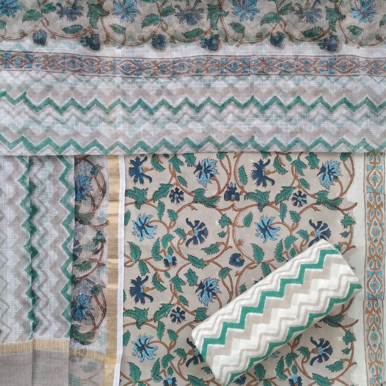 Shop Unstitched Block Print Pure Cotton Suit Material with Kota Doria Dupatta