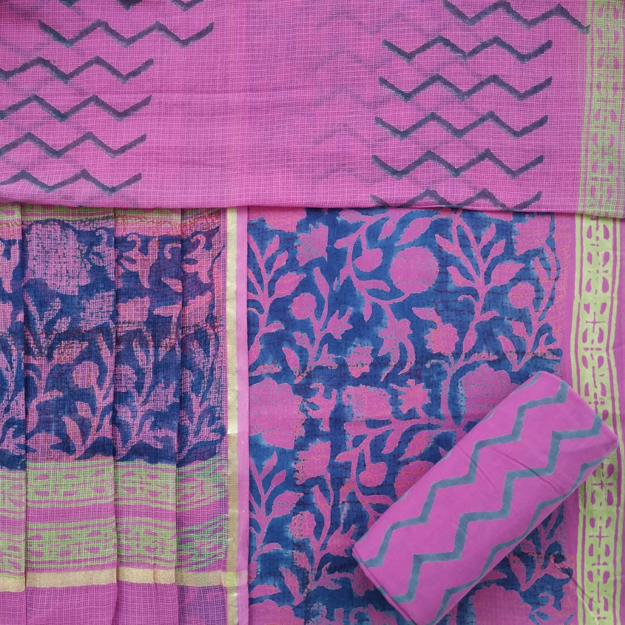 Shop Unstitched Hand Block Print Pure Cotton Suit Material with Kota Doria Dupatta (3CKD378)