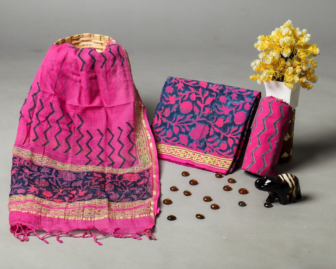 Shop Unstitched Hand Block Print Pure Cotton Suit Material with Kota Doria Dupatta (3CKD378)