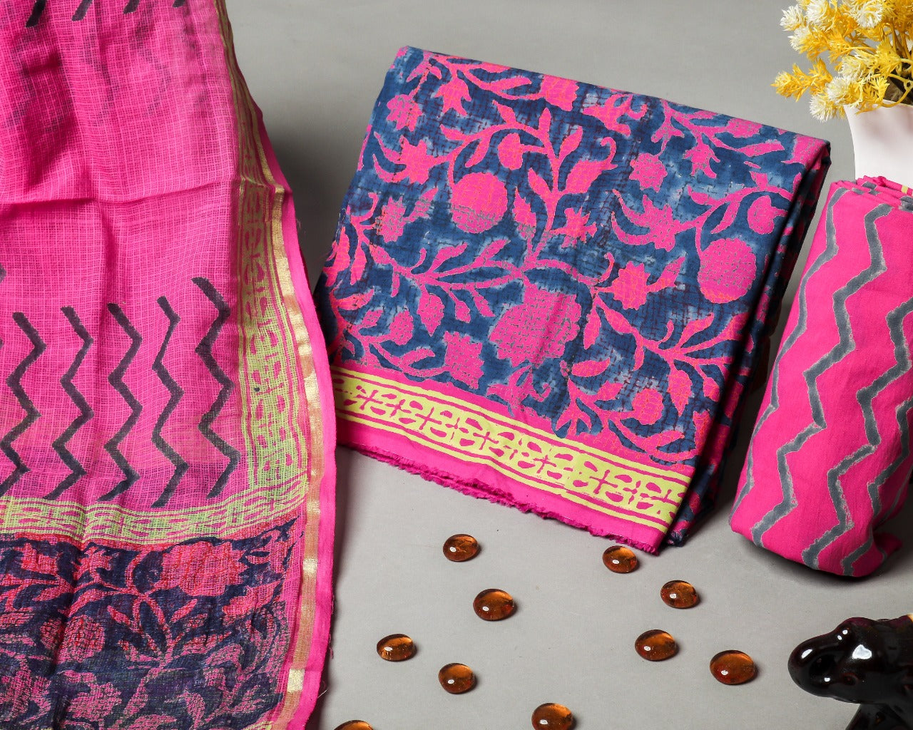 Shop Unstitched Hand Block Print Pure Cotton Suit Material with Kota Doria Dupatta (3CKD378)