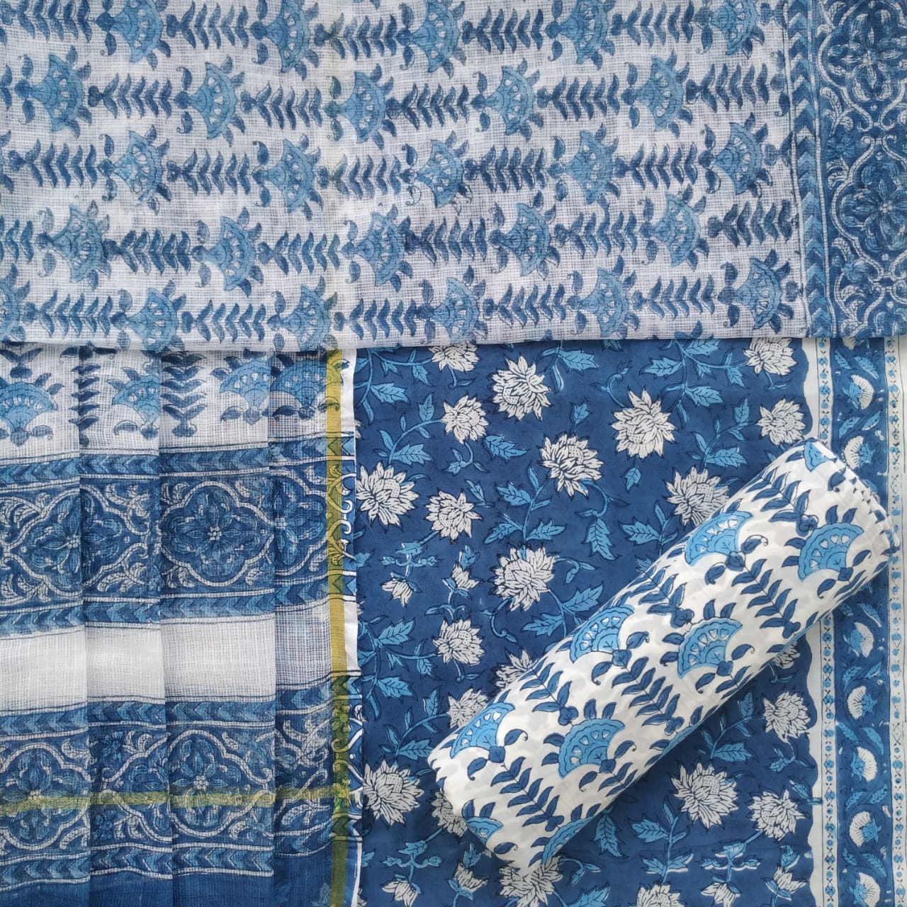 Shop Unstitched Hand Block Print Pure Cotton Suit Material with Kota Doria Dupatta (3CKD379)