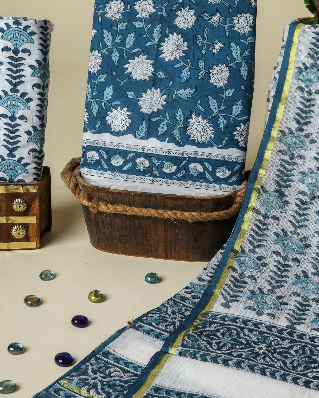 Shop Unstitched Hand Block Print Pure Cotton Suit Material with Kota Doria Dupatta (3CKD379)