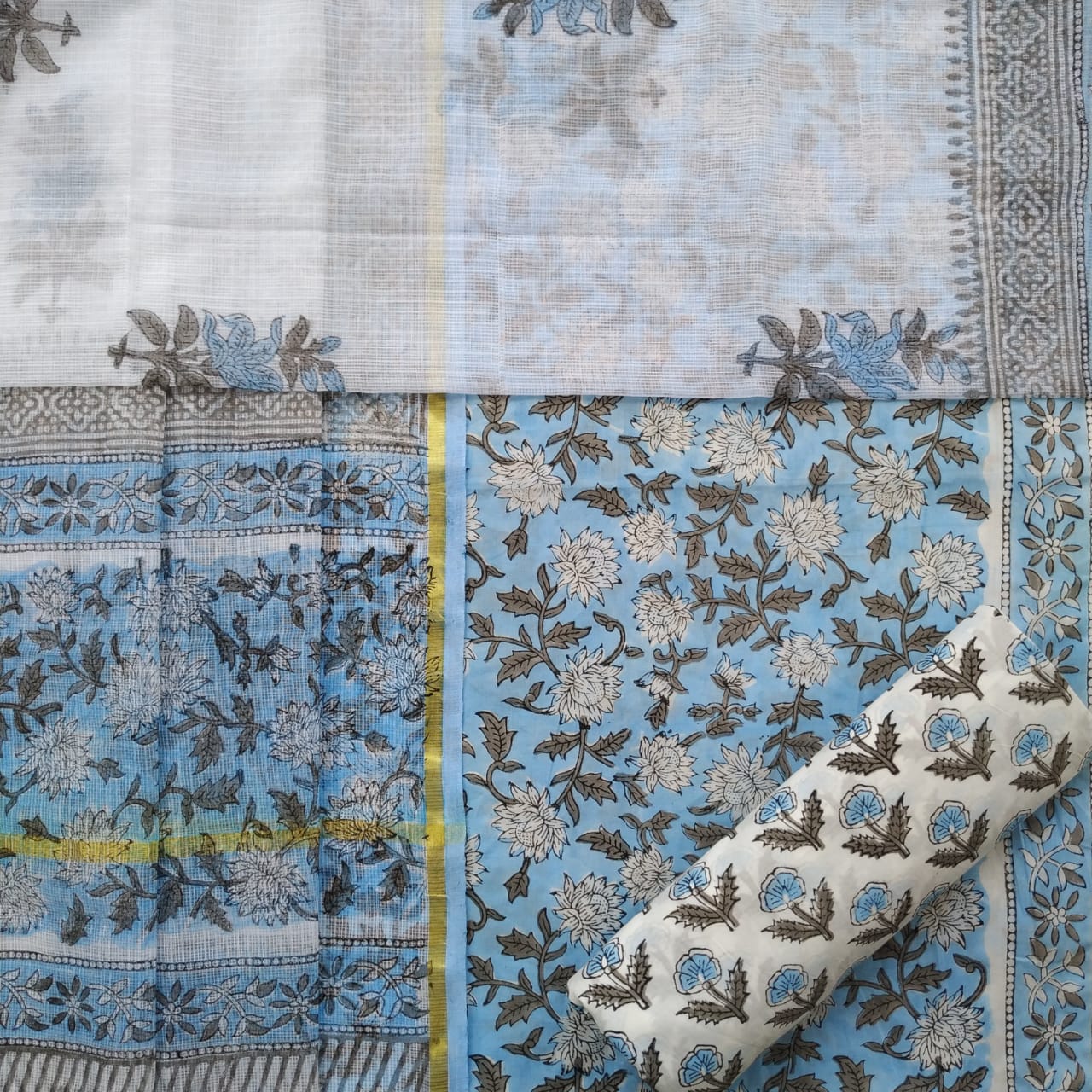 Shop Unstitched Hand Block Print Pure Cotton Suit Material with Kota Doria Dupatta (3CKD382)