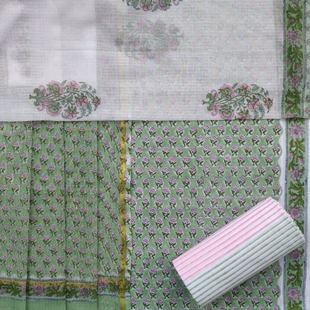 Shop Unstitched Hand Block Print Pure Cotton Suit Material with Kota Doria Dupatta (3CKD389)