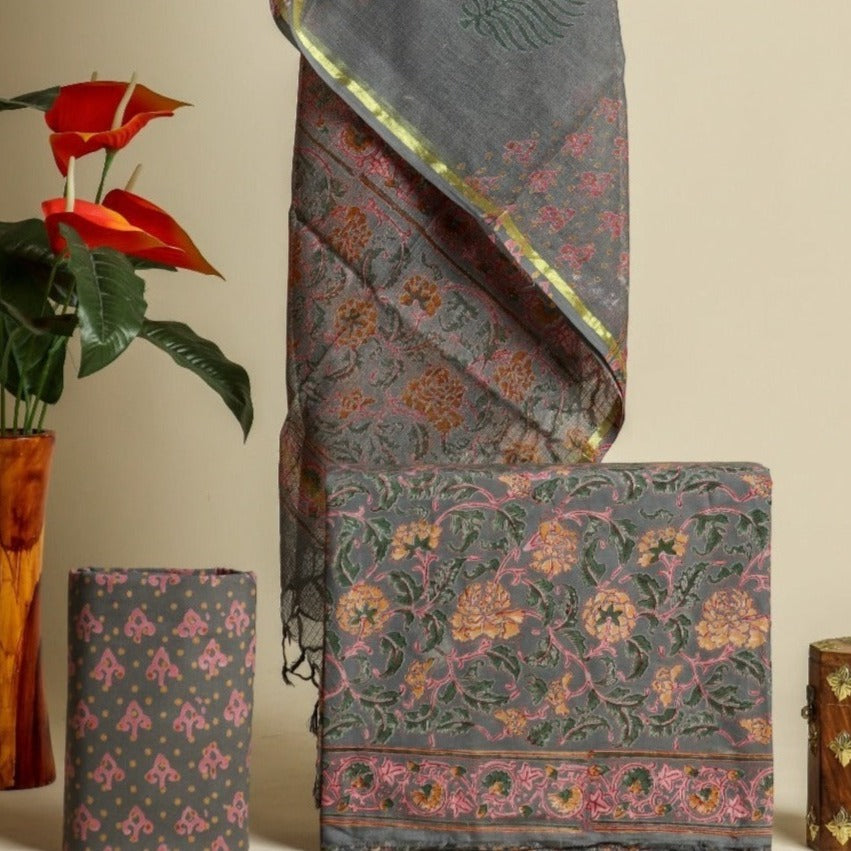 Shop Hand Block Print Pure Cotton Suit Material with Kota Doria Dupatta (3CKD405)