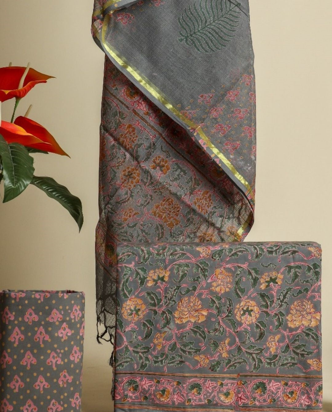 Shop Hand Block Print Pure Cotton Suit Material with Kota Doria Dupatta (3CKD405)