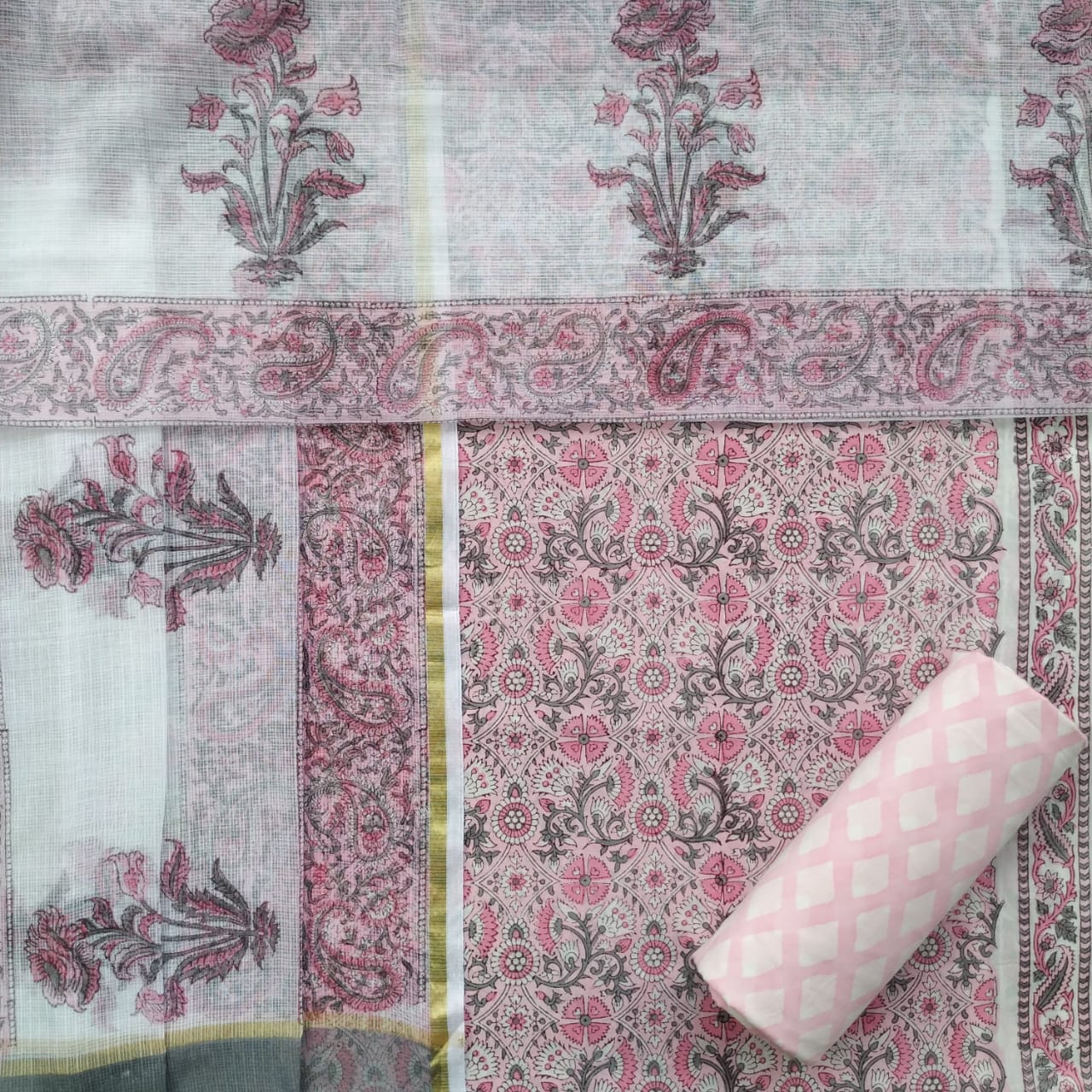 shop unstitched cotton suits with kota doria dupatta online