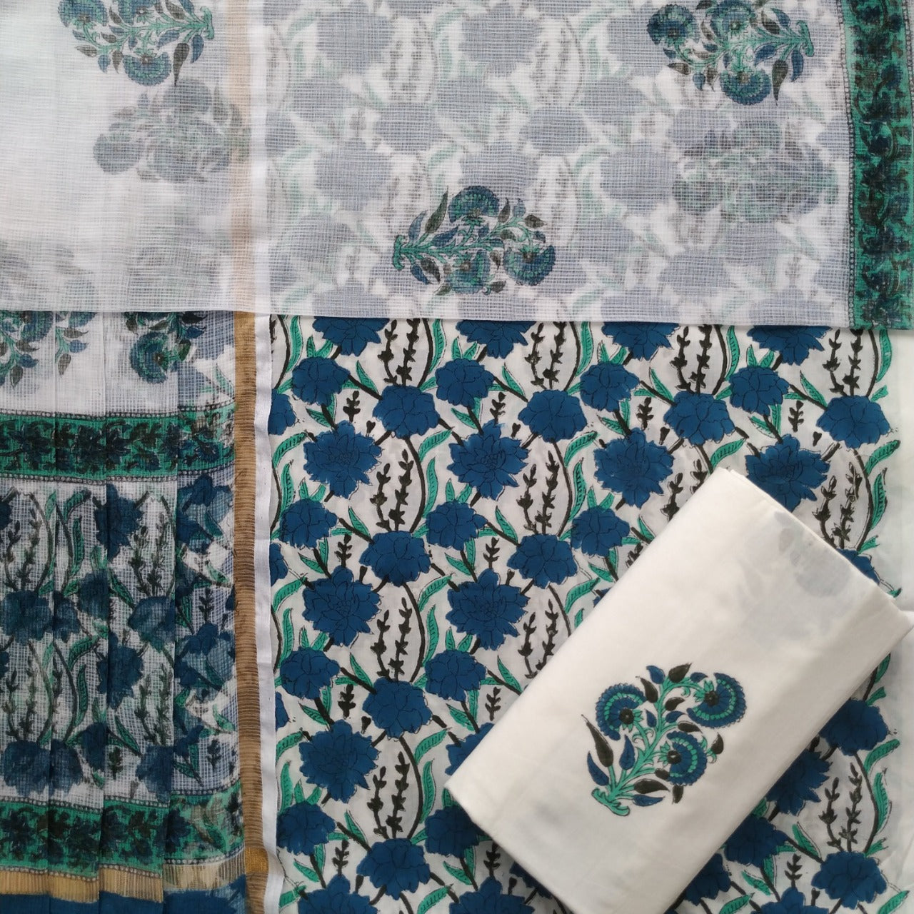 shop unstitched hand block print cotton suit with kota doria dupatta