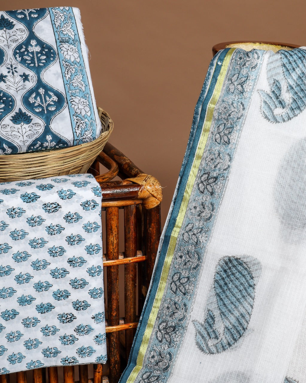 shop hand block print cotton suit with kota doria dupatta online