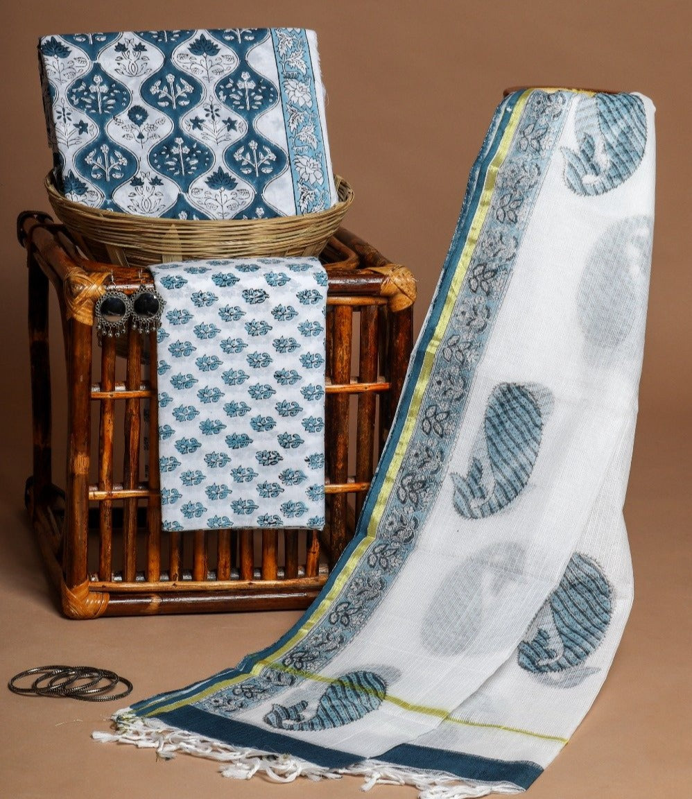 shop hand block print cotton suit with kota doria dupatta online