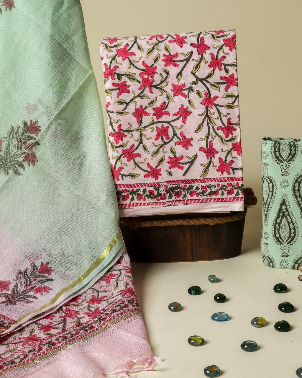 shop hand block print cotton suit with kota doria dupatta online
