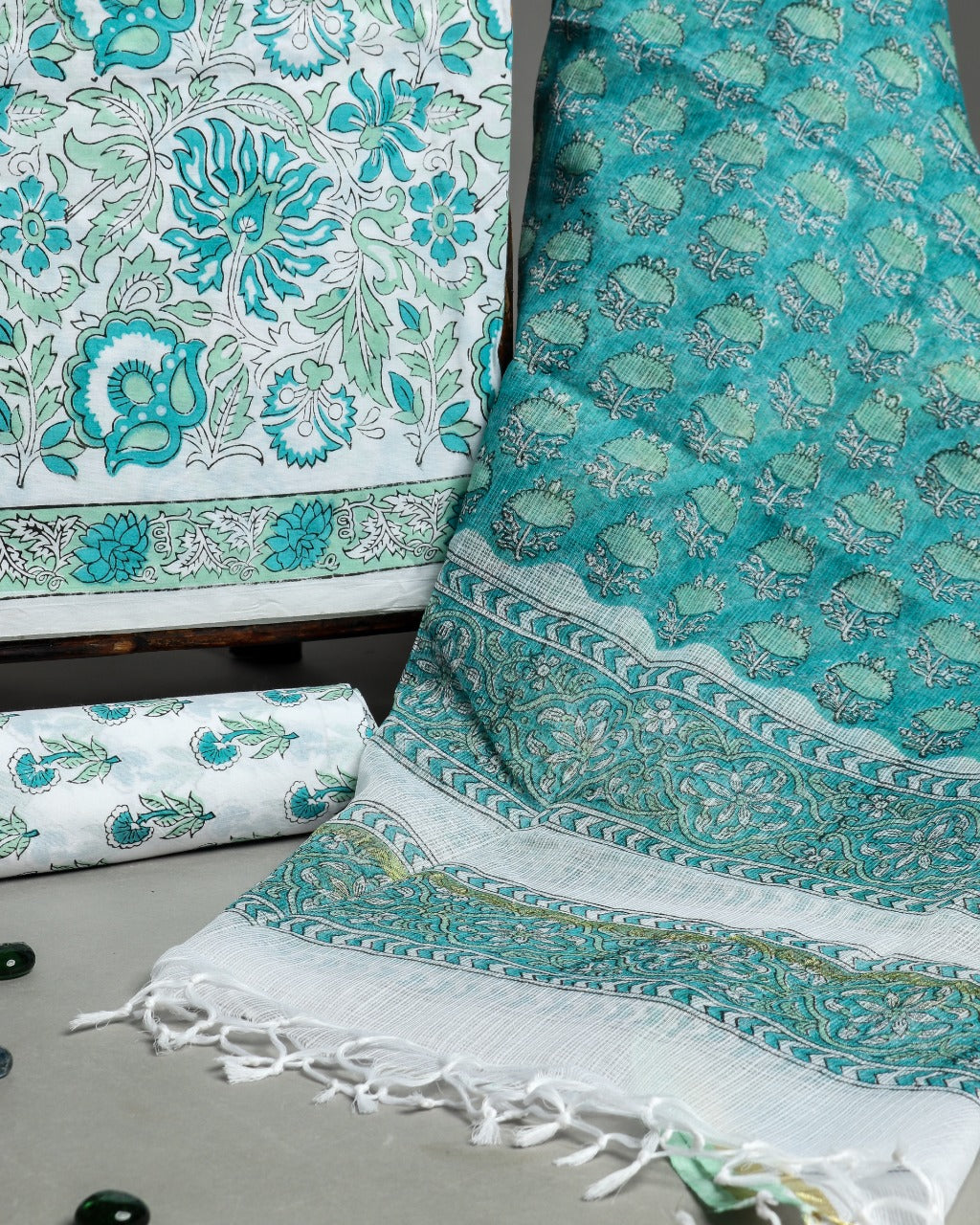 shop unstitched hand block print cotton suit with kota doria dupatta (3CKD496)