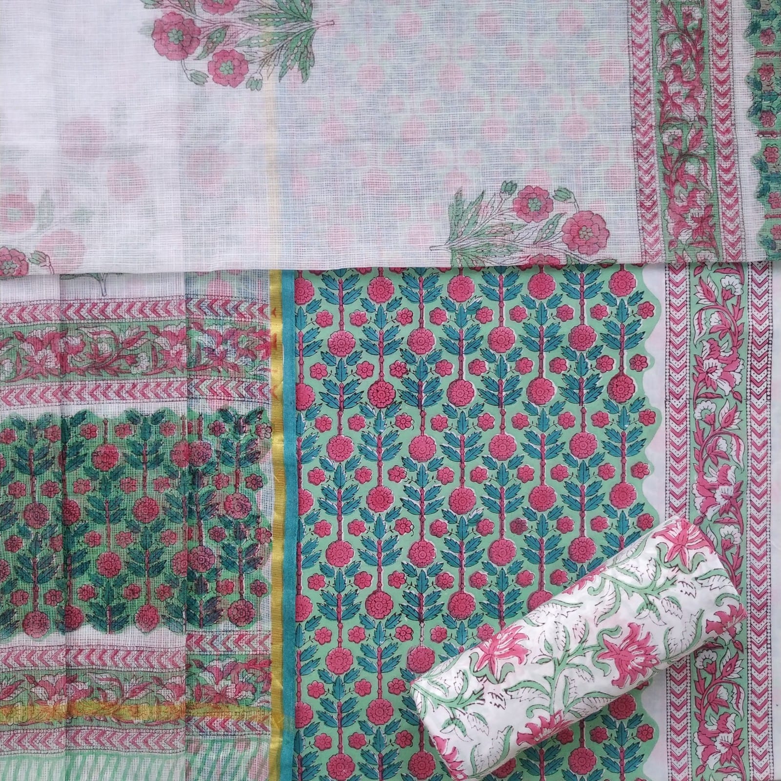 shop block print cotton suit with kota doria dupatta (3CKD498)