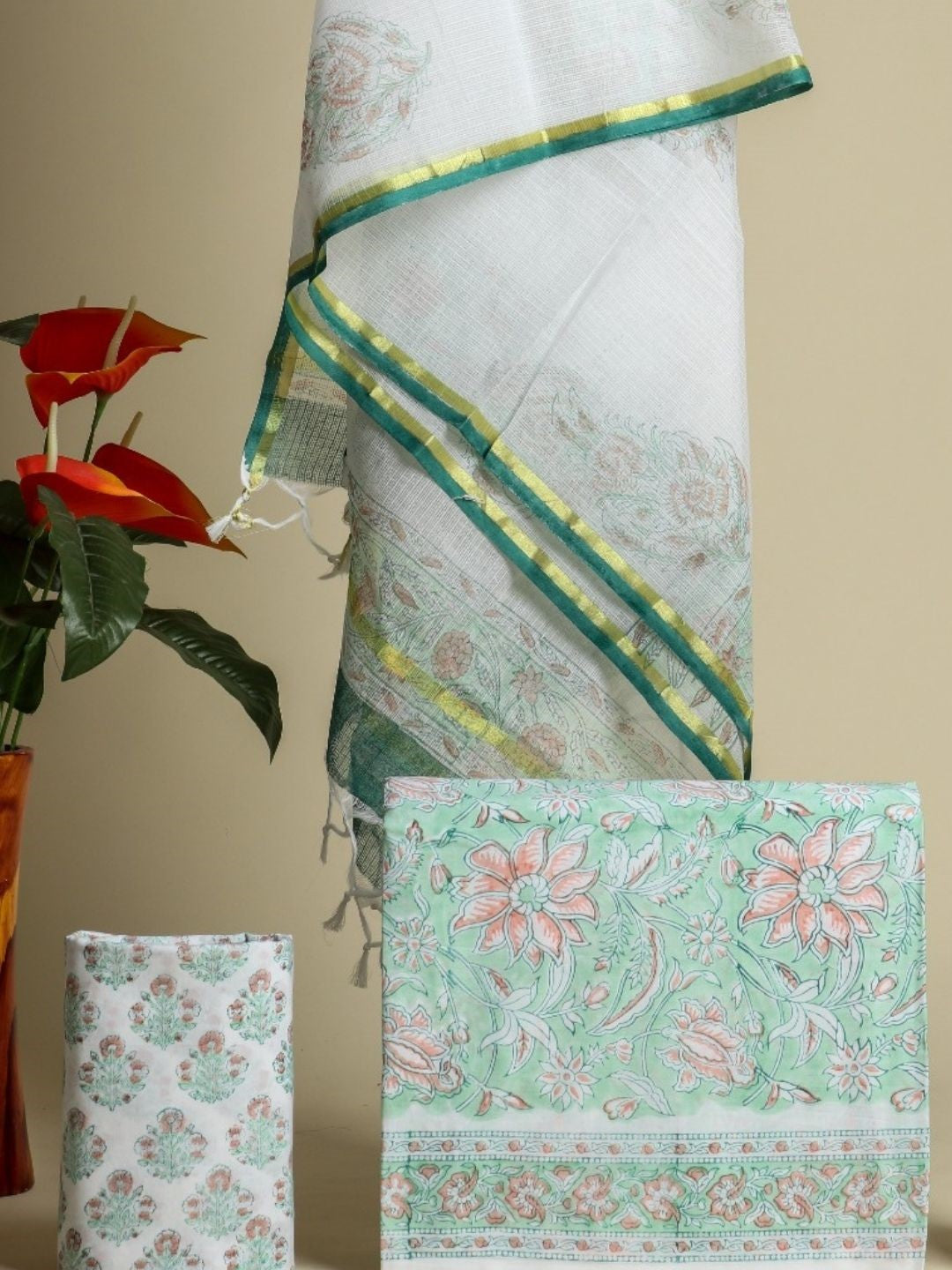 Shop hand block print cotton dress material with kota doria dupatta (3CKD506)