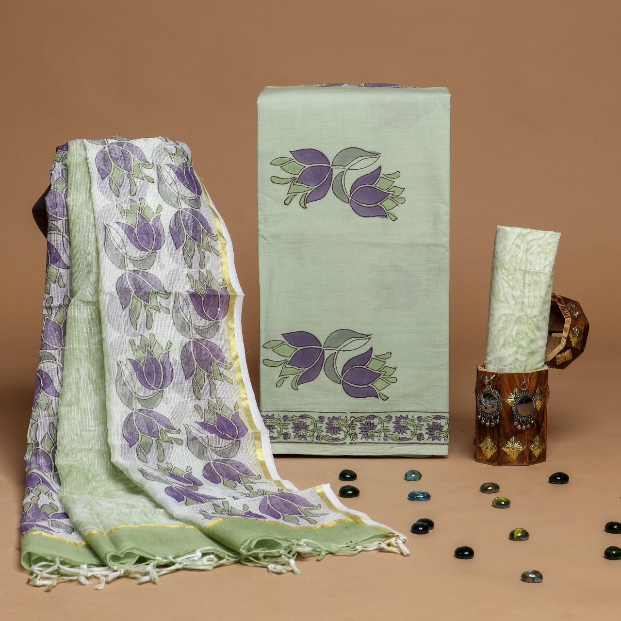 Shop unstitched ombre print cotton suit set with kota doria dupatta (3CKD522)