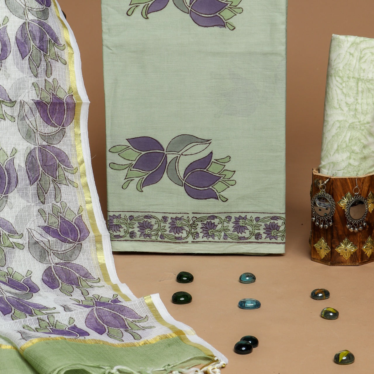 Shop unstitched ombre print cotton suit set with kota doria dupatta (3CKD522)