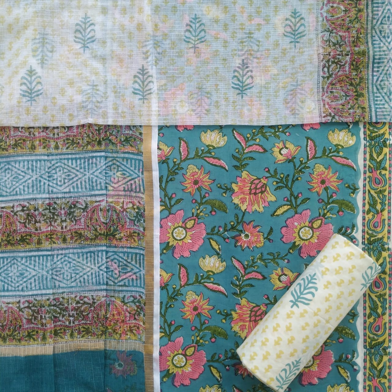 Shop kota doria dupatta block print suits online (3CKD528)