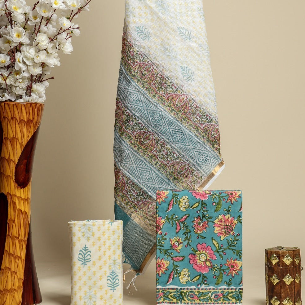 Shop kota doria dupatta block print suits online (3CKD528)