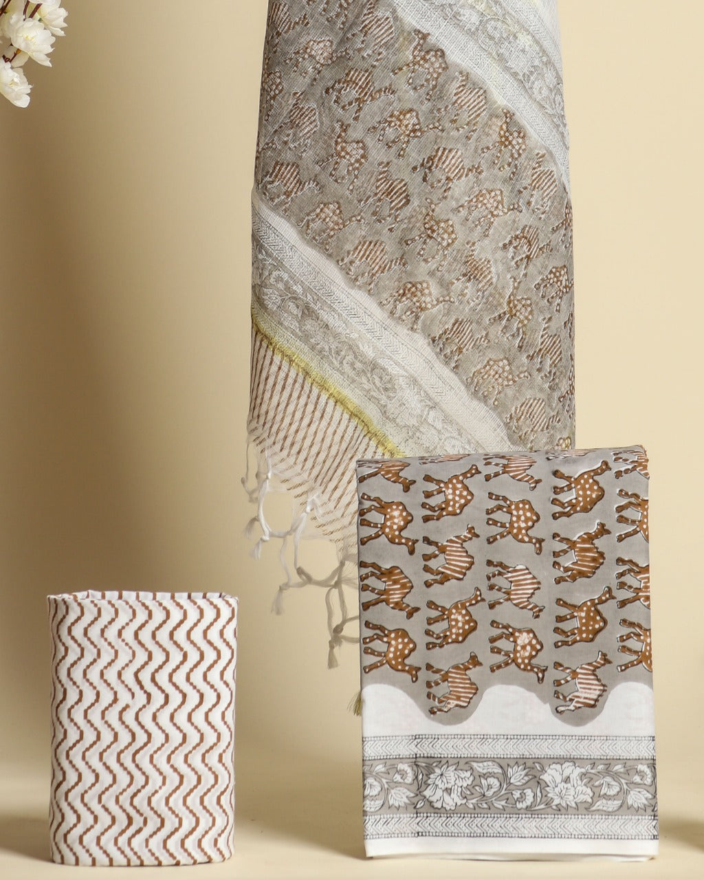 shop block print cotton suit material with kota doria dupatta (3CKD531)