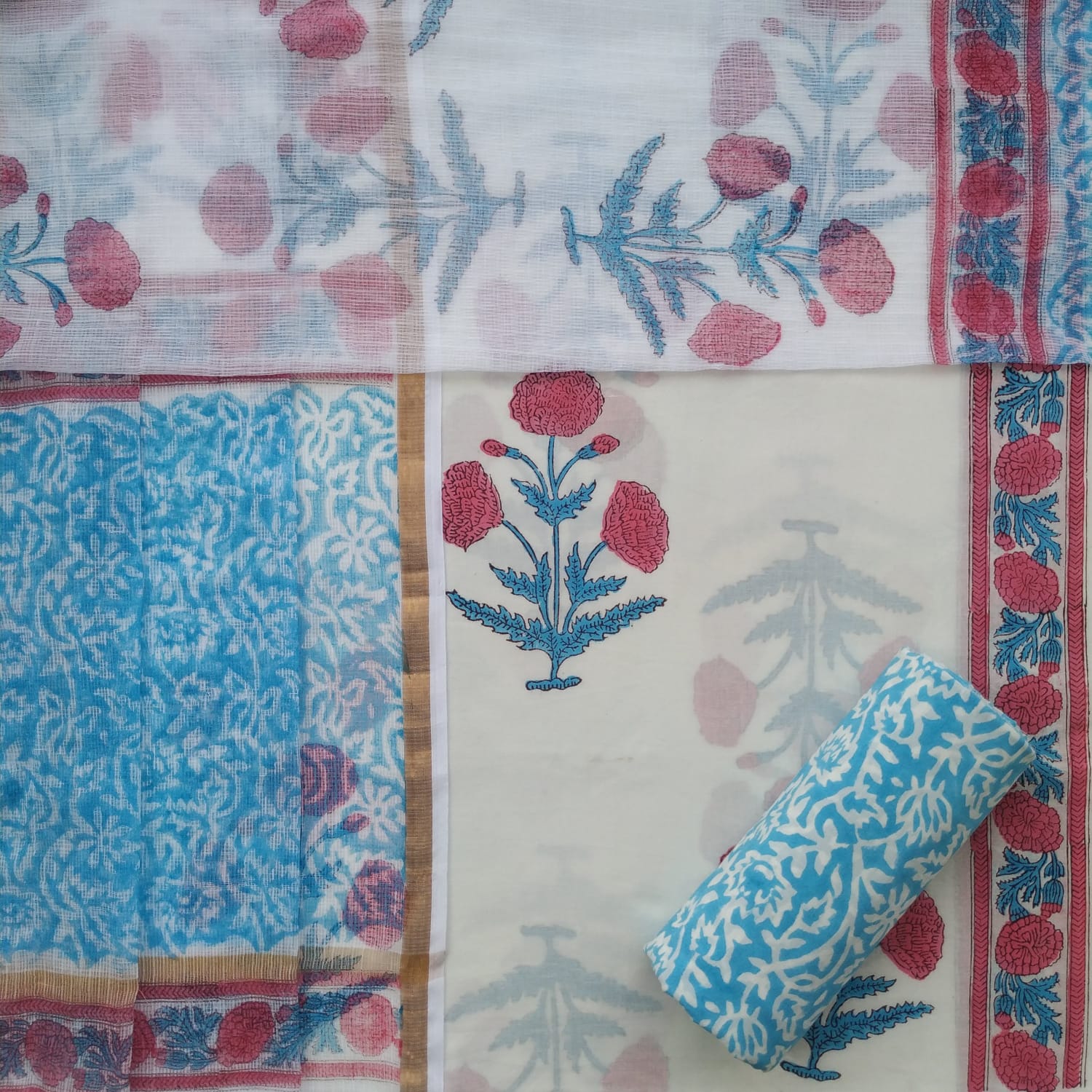 Shop unstitched cotton suit set with kota doria dupatta (3CKD545)