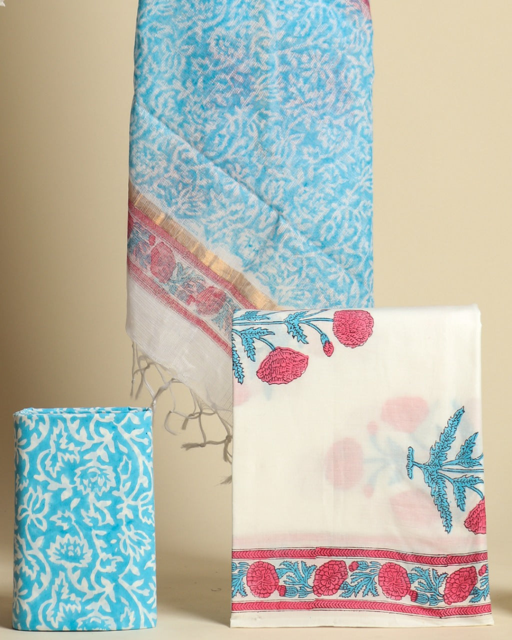 Shop unstitched cotton suit set with kota doria dupatta (3CKD545)